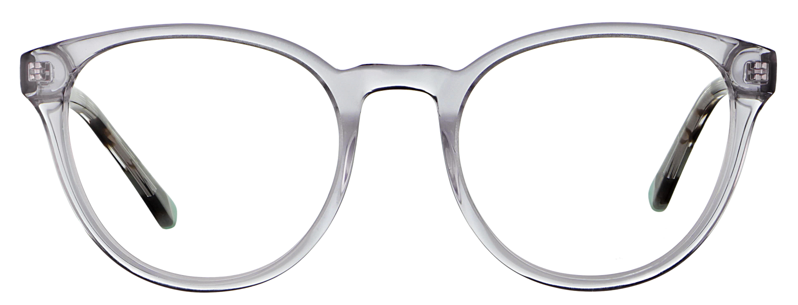 Das Bild zeigt die Eyebar Brille London in grau transparent von vorne.